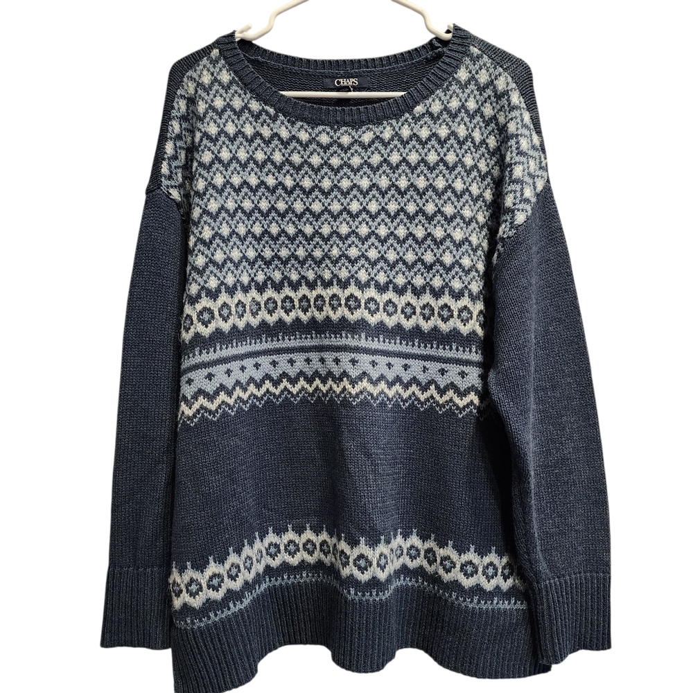Chaps Ralph Lauren Mens Sweater XL Blue Fair Isle Cotton Nordic Fisherman